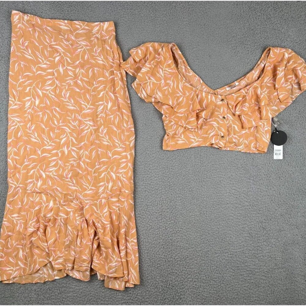 Amuse Society 2PC Ruffle Crop Top + Maxi Skirt Set Floral Orange Medium Beach